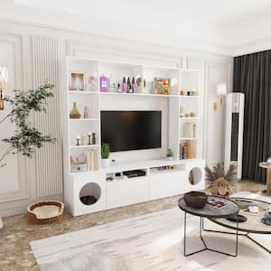Large Cat Litter Box Enclosure Storage Cabinet with Cat tree, Wood Entertainment Center TV Console with Open Shelves