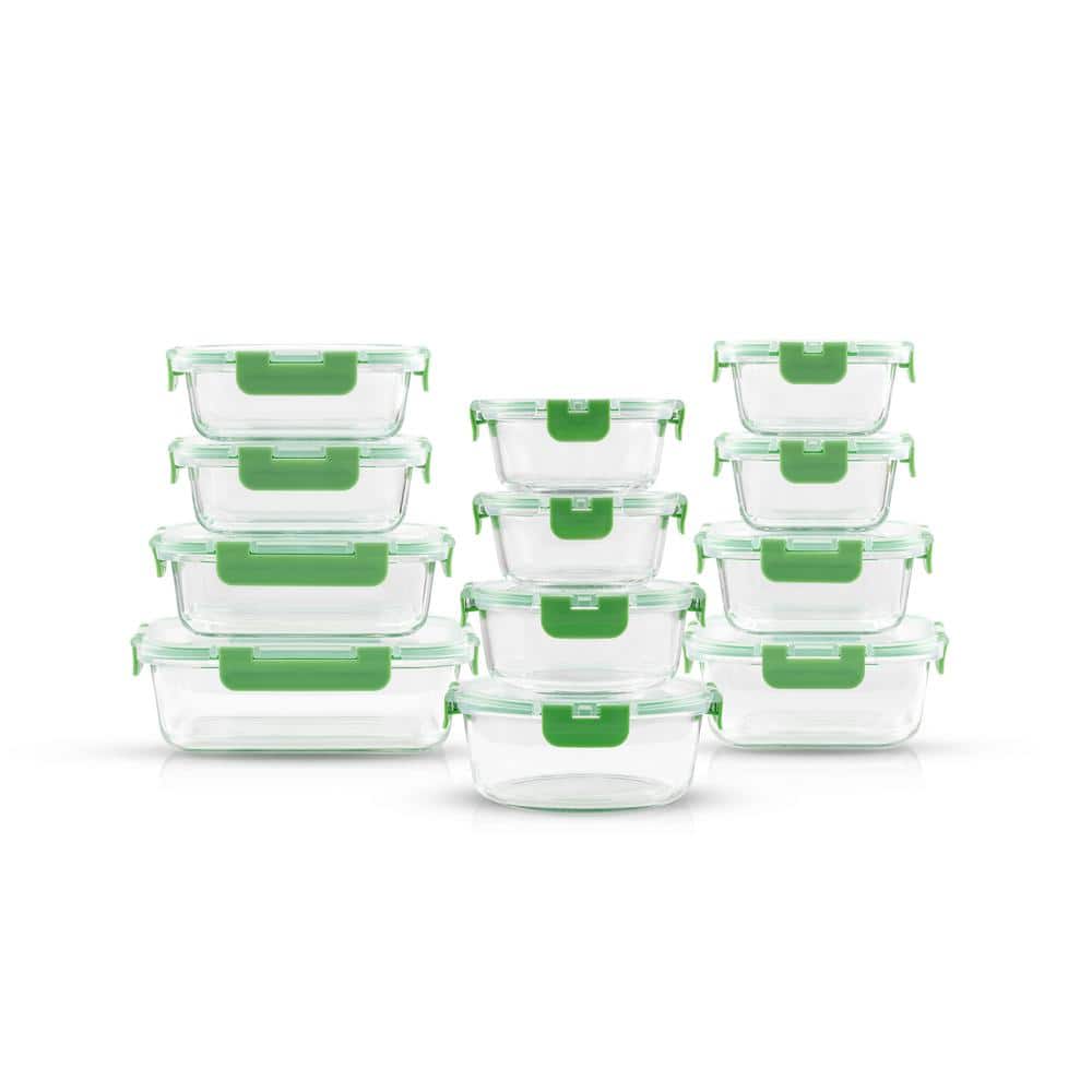 JoyFul 24-Piece Bright Green Glass Storage Containers with Leakproof Lids