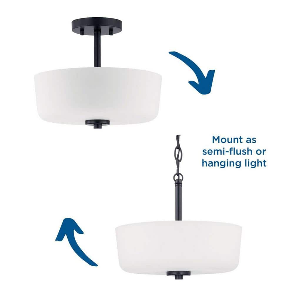 Tobin Matte Black and Etched White Glass 2-Light Semi-Flush Ceiling Fixture