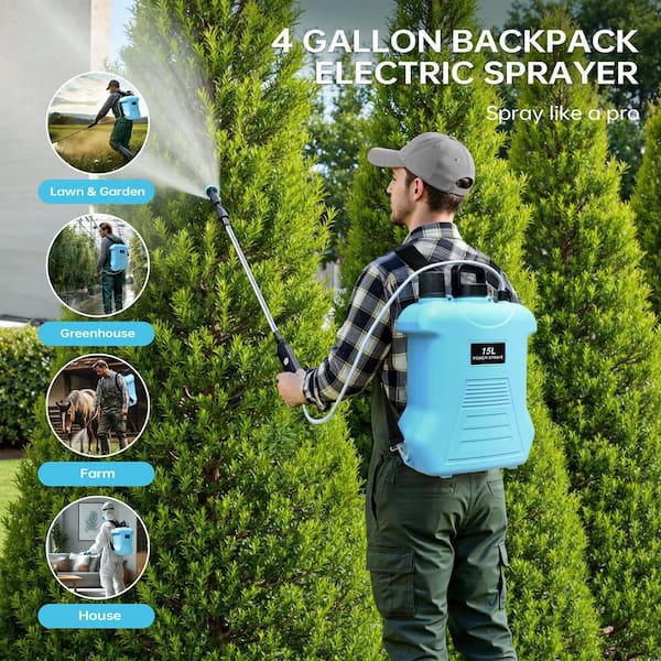 Battery Powered Backpack Sprayer 4 Gal., Electric Garden Pump Sprayer W/ Telescopic Wand, 3-Nozzles, Battery, Charger