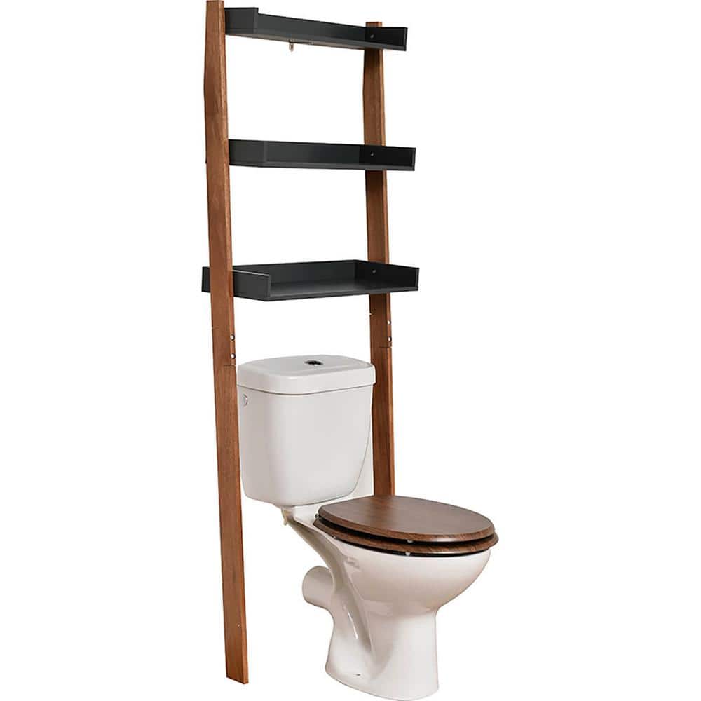 Gray Wood Over-the-Toilet Ladder Shelf with Storage Trays