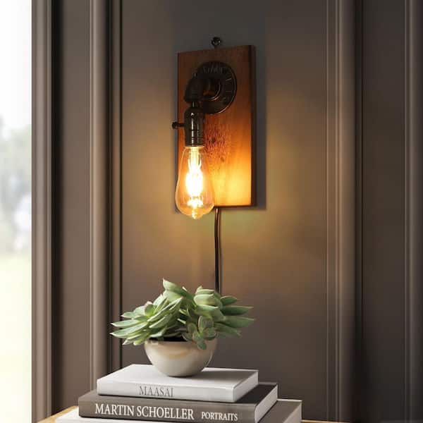 5.5 in. 1-Light Plug in E26 Wall Sconces with Black Shade and Switch, Industrial Wood Base Wall Lamp, not included bulb