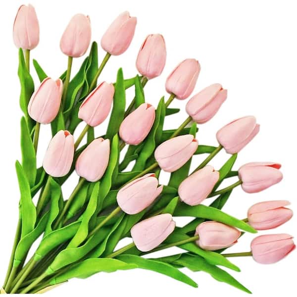 Artificial Light Pink Tulips 20 Pcs – 13.5 Inch PU Faux Flowers with Bendable Stems