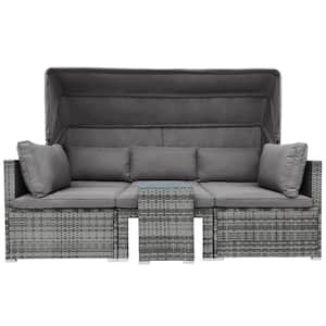 5-Piece Wicker Outdoor Daybed Patio Conversation Set with Gray Cushions and Canopy and Tempered Glass Side Table