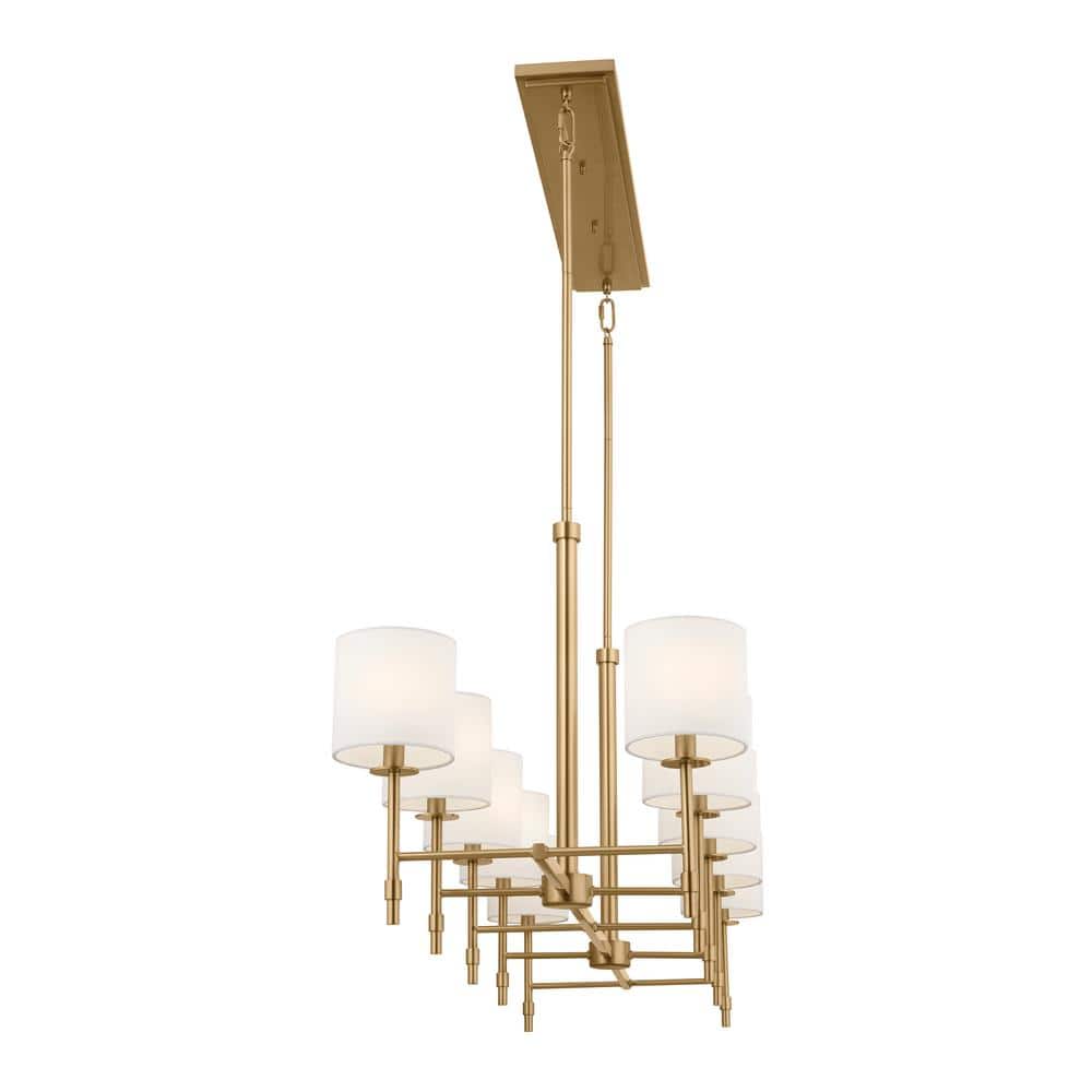 Brushed Brass 10-Light Linear Chandelier with Fabric Drum Shades