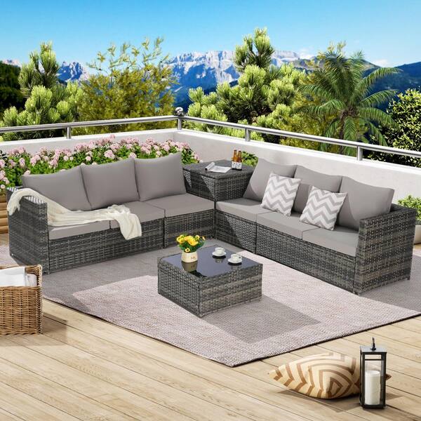 6-Piece Wicker Outdoor L-Shaped Sectional Patio Furniture Set with