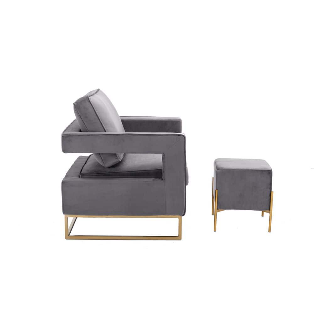 Ethan Contemporary Gray Velvet Accent Stool with Gold Finish Legs