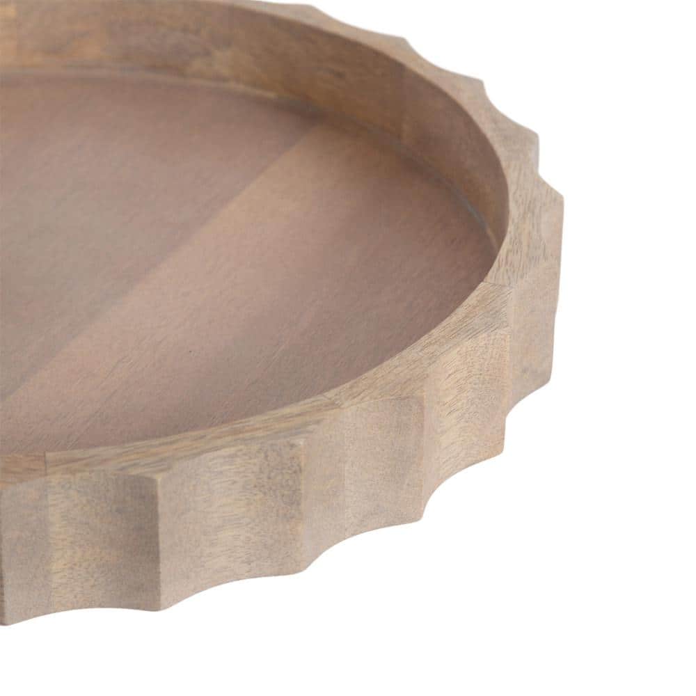 Natural Mango Wood Round Tray with Wavy Design, 15 Inch