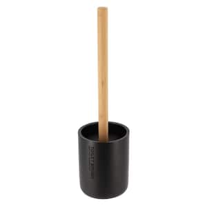 Sleek Matte Black Toilet Brush Holder with Bamboo Handle - Polyresin Bathroom Cleaning Tool Set