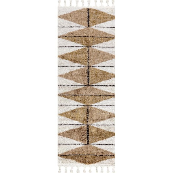 Kali Shaggy Diamond Tassel Area Light Brown 3 ft. x 8 ft. Indoor Runner Rug