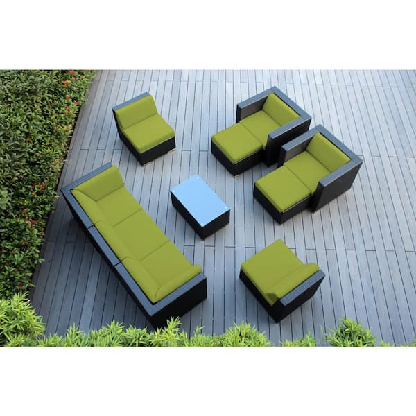 Ohana Depot Black 10-Piece Wicker Patio Seating Set with Supercrylic Peridot Cushions