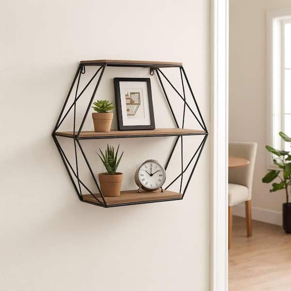 24 in. W x 6 in. D Brown Wood and Metal 3 Tier Hexagon Decorative Accent Wall Shelf