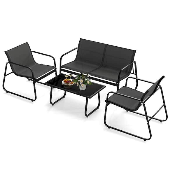 4-Piece Outdoor Furniture Metal Patio Conversation Chair & Coffee Table w/ Mesh Seat Fabric & Tempered Glass Tabletop