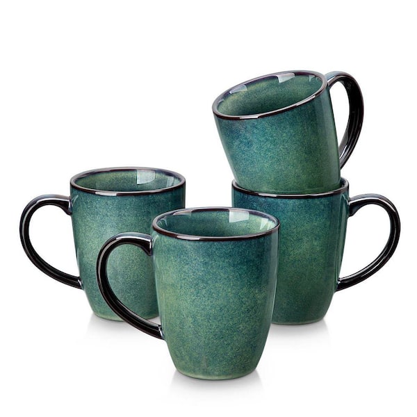 Starry 12 oz. Green Stoneware Mugs Coffee Mug (Set of 4) Tea Cups Coffee Cups Kiln-changed Glaze Drinkware Set for 4