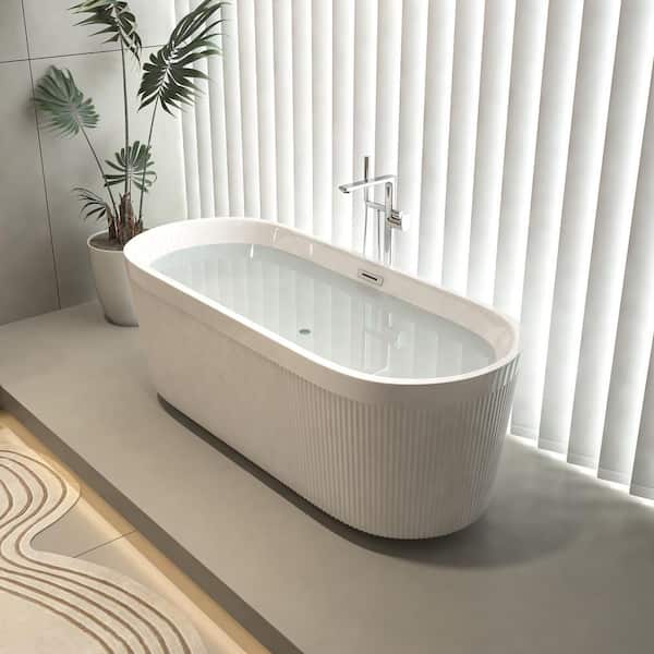 59 in. x 30 in. Linear Unique Pleated Design Acrylic Soaking Freestanding Bathtub with Chrome Drain in Glossy White