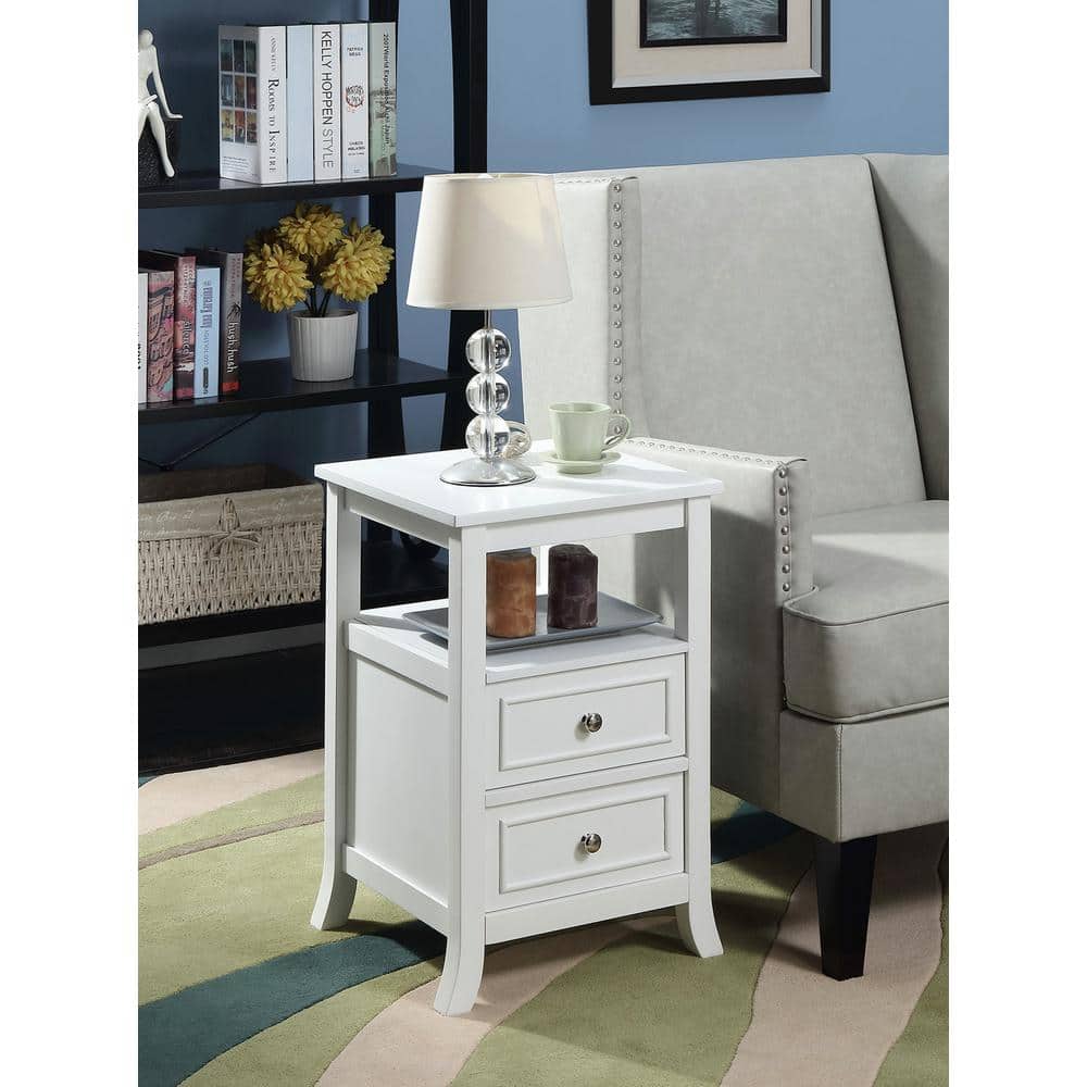 White Wood End Table with Storage Drawers and Shelf