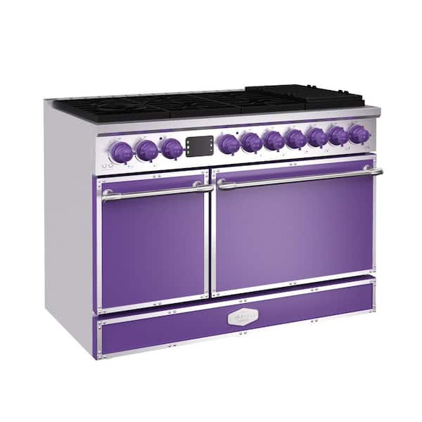 48 in. Freestanding Gas Range with 8 Burners, Double Convection Oven, and Griddle, in Purple with Stainless Steel