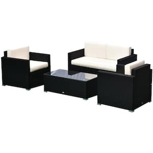 4-Piece Black Steel Plastic Patio Conversation Set with White Cushions, 1 Sofa, 2 Armchairs and Coffee Table