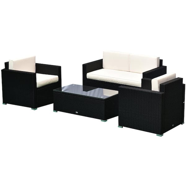 Outsunny 4-Piece Black Steel Plastic Patio Conversation Set with White Cushions, 1 Sofa, 2 Armchairs and Coffee Table