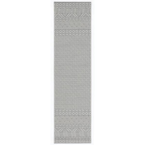 Courtyard Brown/Gray 2 ft. x 12 ft. Tribal Striped Diamonds Indoor/Outdoor Patio  Runner Rug