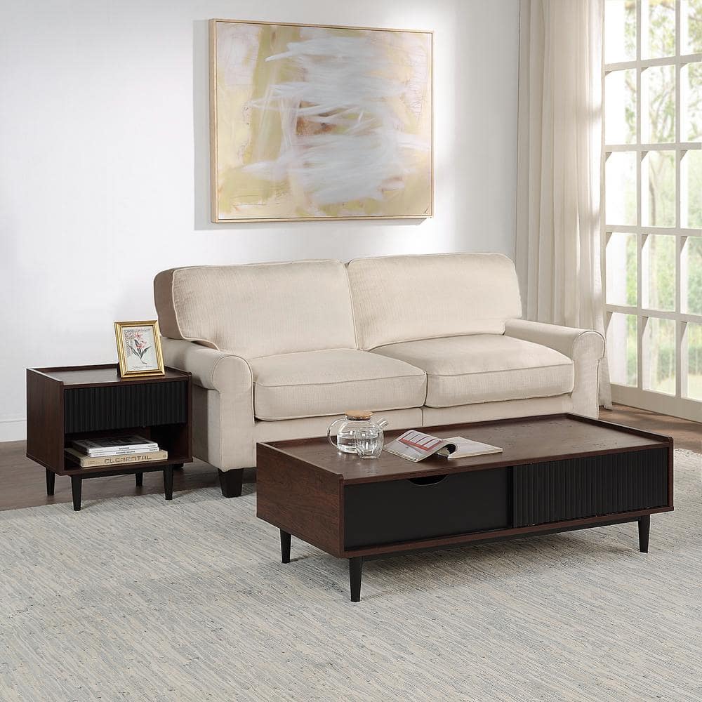 Duane Modern 47.24 in. Dark Brown and Black Rectangle Ribbed MDF 20.23 in. End Table and Coffee Table Set