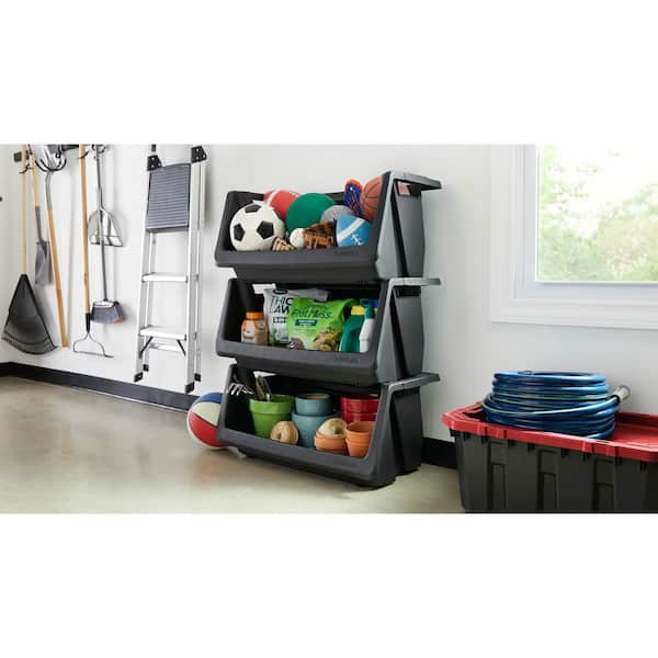 Husky Stackable Storage Bin In Black, Stackable Shelves Plastic Home Depot