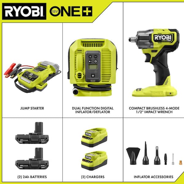 ONE+ 18V Cordless 1600A Jump Starter Kit, with Inflator/Deflator, 1/2" Impact Wrench, & (2) 2.0 Ah Batteries & Chargers