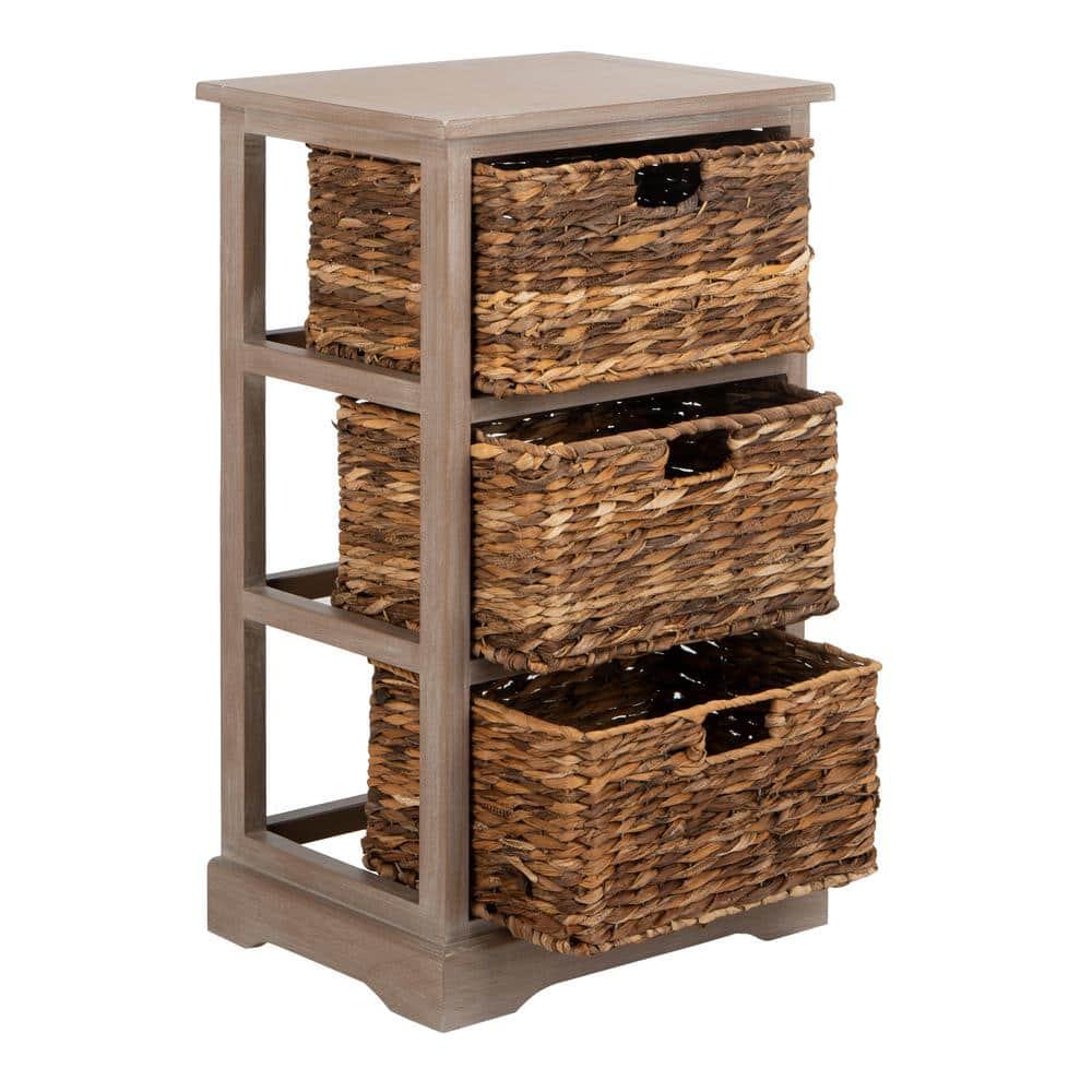 Transitional Brown Pine Wood Rectangular Side Table with 3 Wicker Baskets