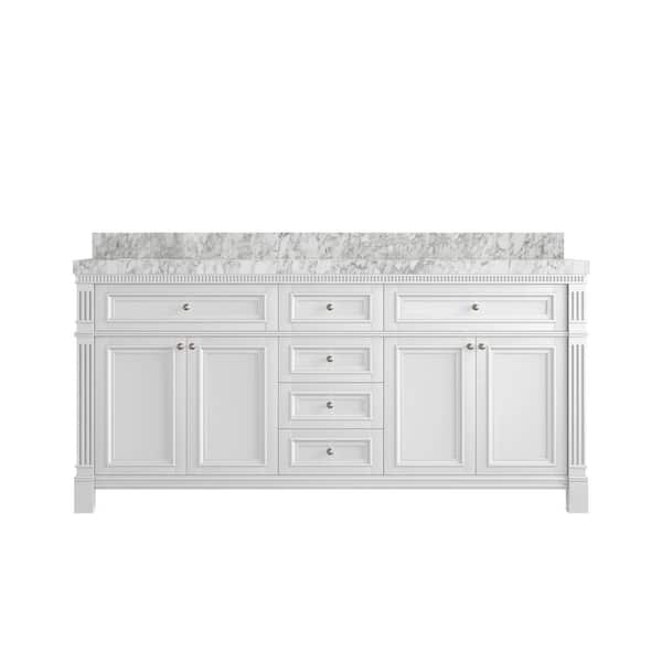 Willow Collections Paris 72 in. W x 22 in. D x 36 in. H Double Sink Bath Vanity in White with 2 in. Carrara Marble Top