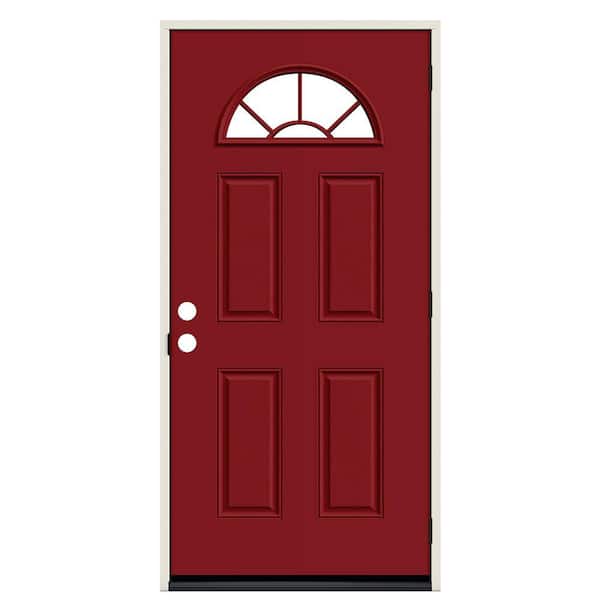 36 in. x 80 in. Fan Lite Cranberry Red Painted Steel Prehung Left-Hand Inswing Front Door with Brickmould