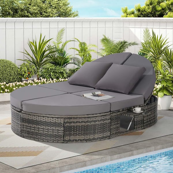 Zeus & Ruta Gray Wicker Outdoor Day Bed with Dark Gray Cushions, Pillows, Adjustable Backrests and Foldable Cup Trays