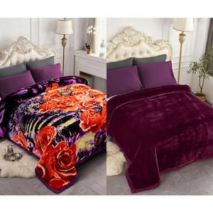 Purple 2-Ply 79 in. x 91 in. Reversible Polyester Silky Raschel Blanket, Wrinkle and Fade Resistant Bed Warm Blanket