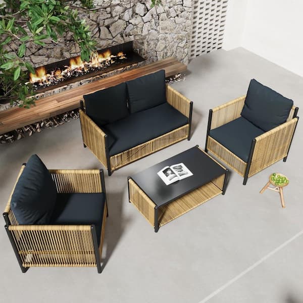 AUTMOON Outdoor Brown PE Wicker 4-Piece Sofa Set with Gray Cushions