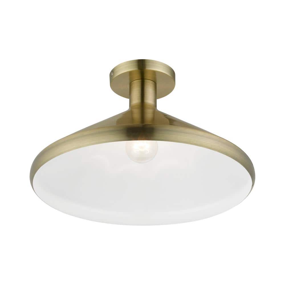 Antique Brass Cone Semi-Flush Mount Light with White Shade