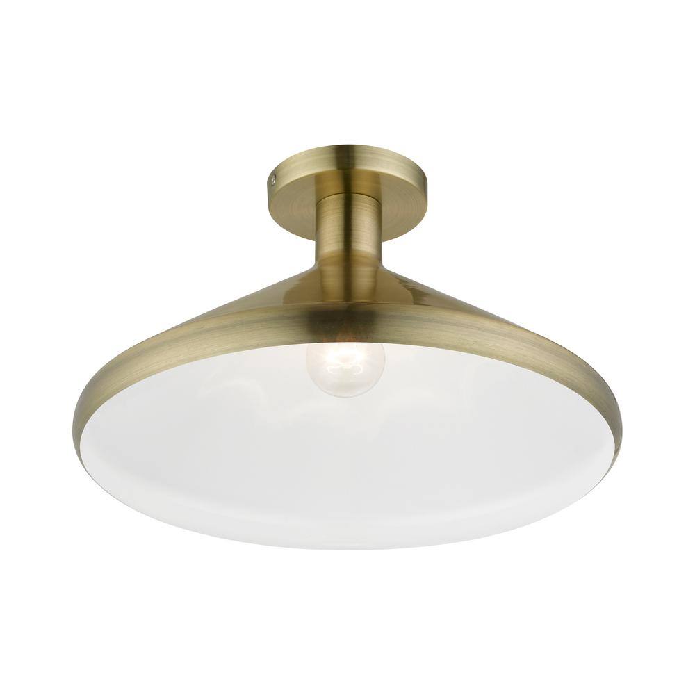 Antique Brass Cone Semi-Flush Mount Light with White Shade