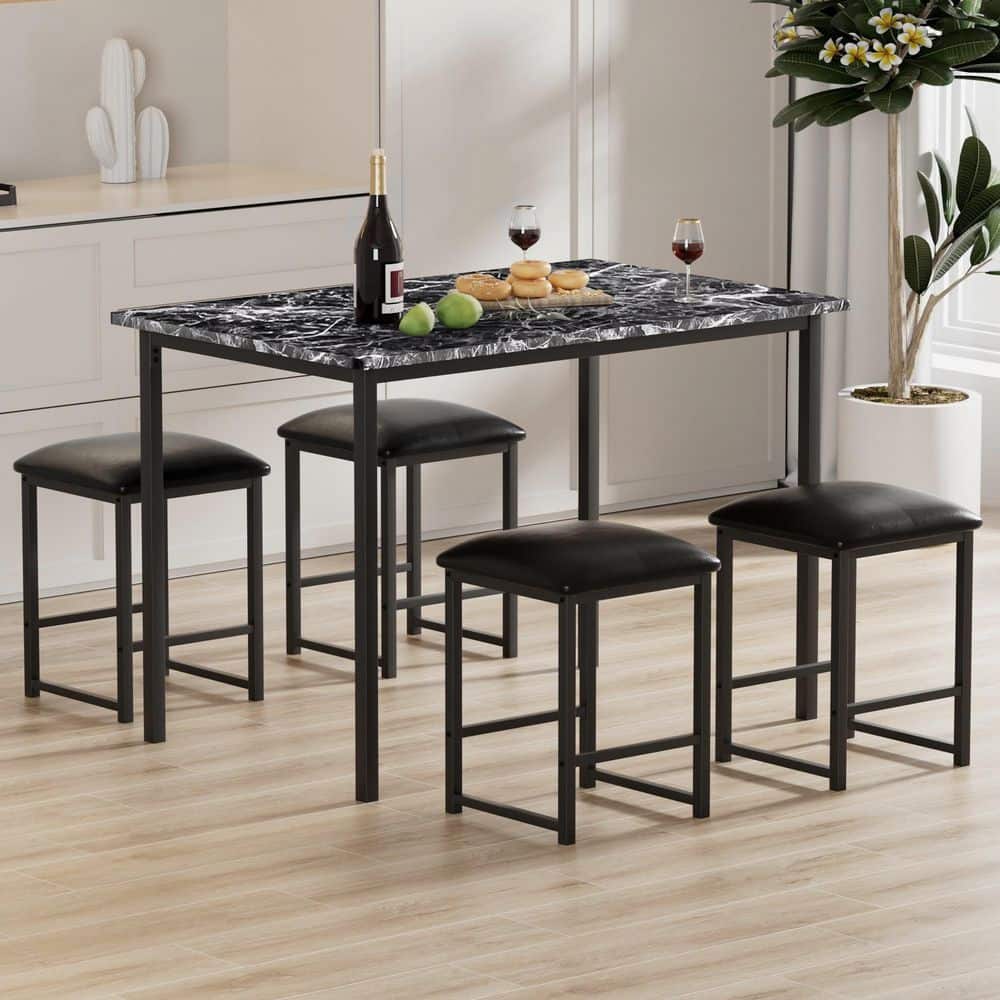 VECELO 5-Piece Dining Table Set with Faux Marble MDF Top and 4 PU