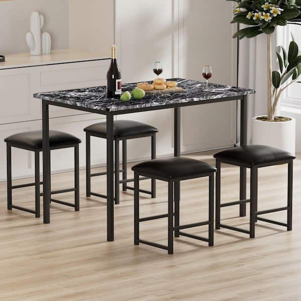 VECELO 5-Piece Dining Table Set with Faux Marble MDF Top and 4 PU Padded Stools, Modern Kitchen Table Set for 4, Black