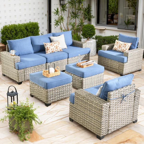 XIZZI Taylor 7-Piece Wicker Outdoor Patio Conversation Seating Set with Blue Cushions