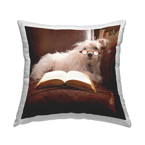Stupell Industries Dog in Glasses Reading Book Brown Square Outdoor Throw Pillow