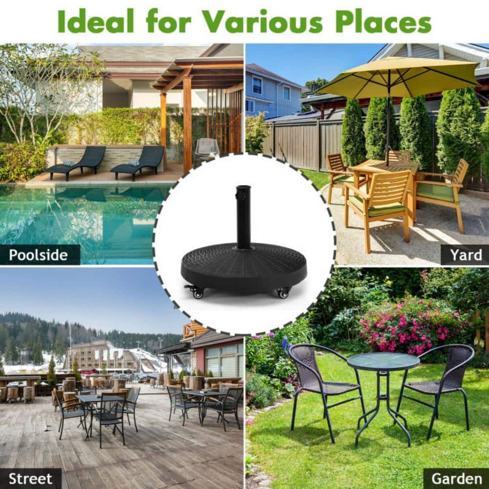 Black Steel Round Parasol Base with Lockable Wheels
