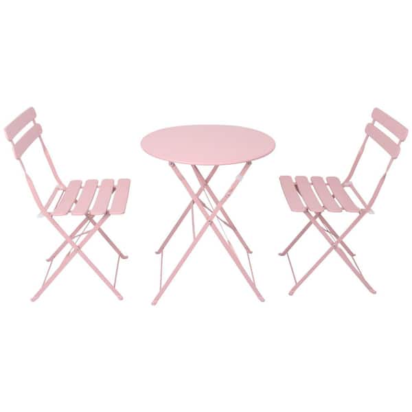 3-Piece Pink Metal Folding Outdoor Bistro Set with Beige Cushions