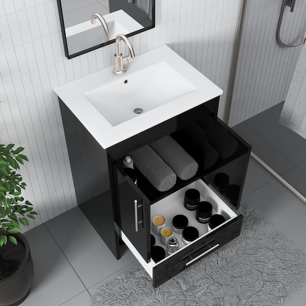 Pacific 24 in. x 18 in. D x 35 in. H Bath Vanity in Glossy Black with White Ceramic Vanity Top with White Basin