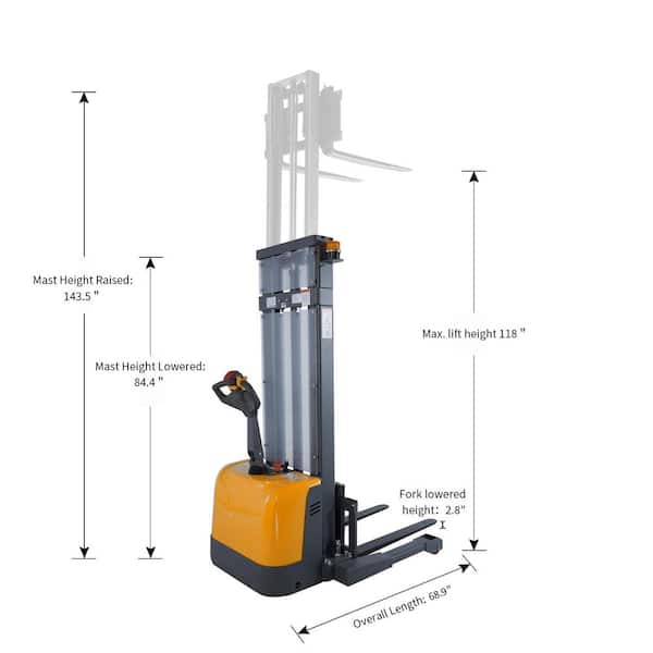 118 in. Lift Fully Electric Pallet Stacker 3300 lbs. Load Electrical Straddle Stacker with 24-Volt/100AH GEL Battery