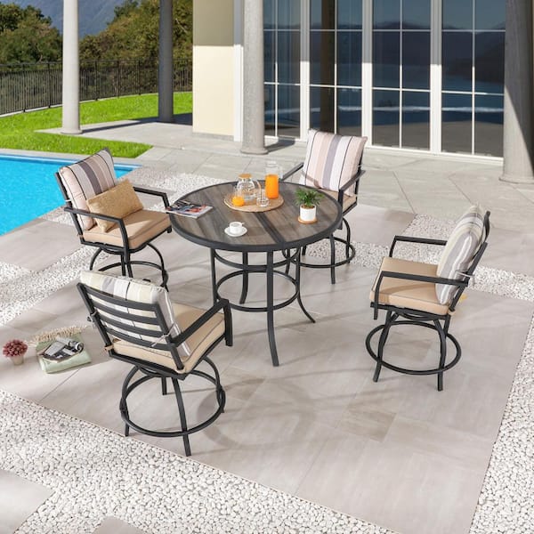 5-Piece Metal Counter Height Outdoor Dining Set with Beige Cushions