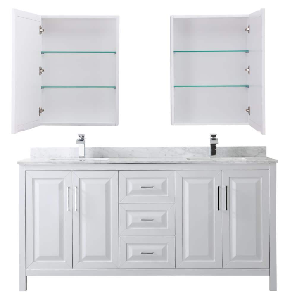 Elegant 72" White Double Vanity with Carrara Marble Top and Polished Chrome Hardware