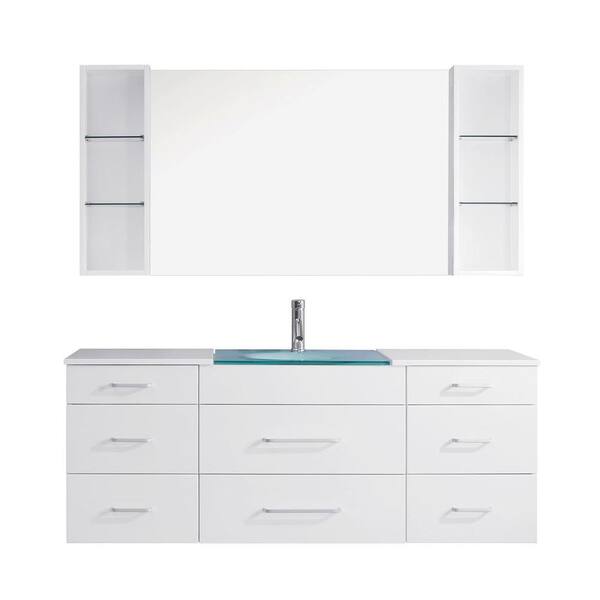 Virtu USA Columbo 59 in. Vanity in White with Glass Vanity Top in Aqua and Mirror