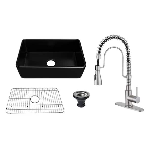 CASAINC All-in-One 30 in. Farmhouse/Apron-Front Single Bowl Fireclay Kitchen Sink with Kitchen Faucet, Grid and Basket Strainer