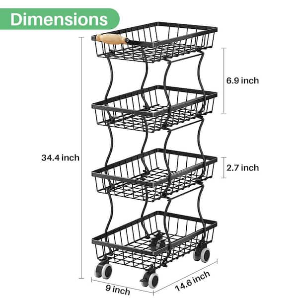 4-Tier Metal Fruit Basket with Wheels for Fruit Vegetable Snacks Jars Bins Containers Organization, Black