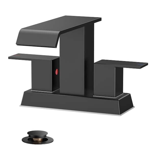 4 in. Centerset Double Handle Low Arc Bathroom Faucet with Drain Kit Included in Black-2