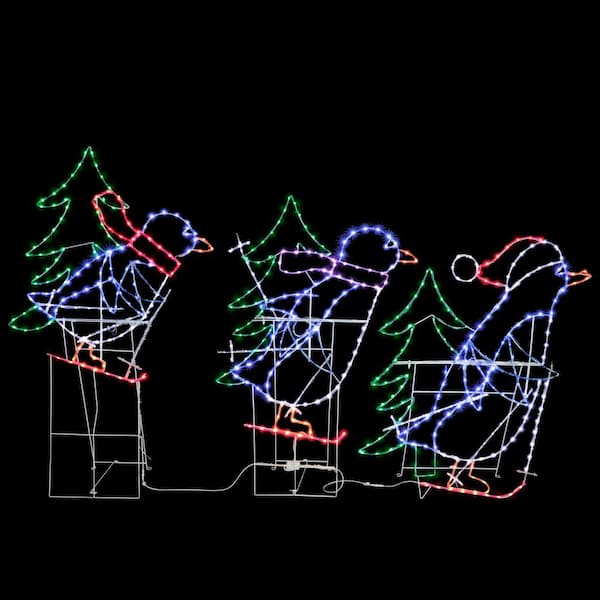 Set of 3 Skiing Penguins with Tree Christmas Outdoor Decor with 614 Multi-Color LED Lights